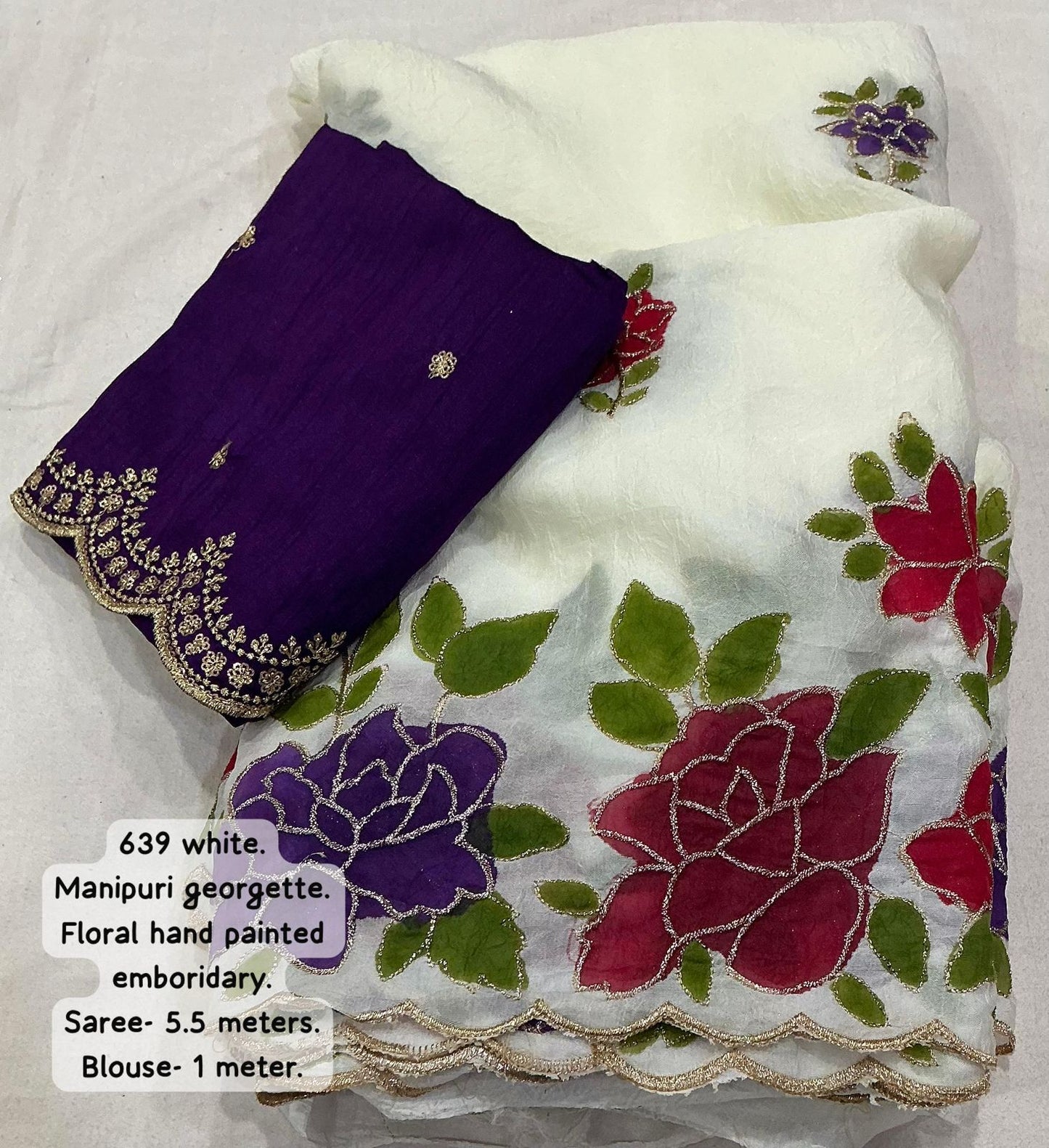 White Premium Soft Self Women Hand Painted Saree