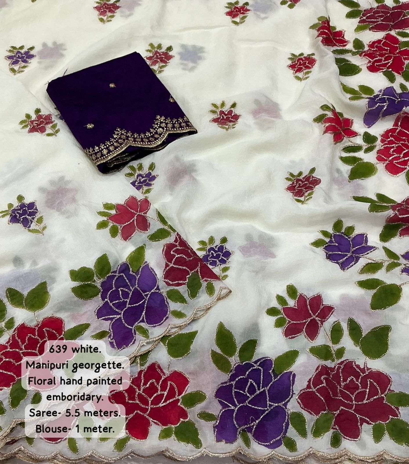 White Premium Soft Self Women Hand Painted Saree