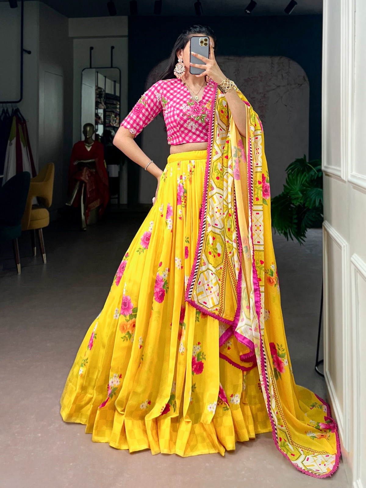 Yellow Pink Floral Georgette Lehanga