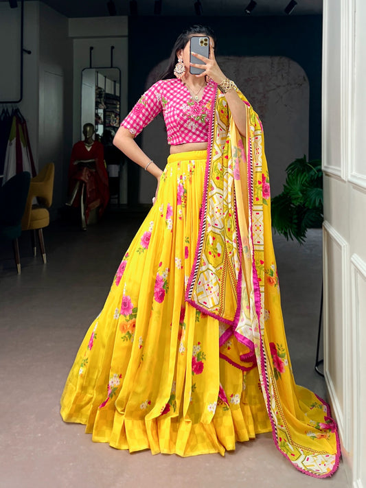 Yellow Pink Floral Georgette Lehanga