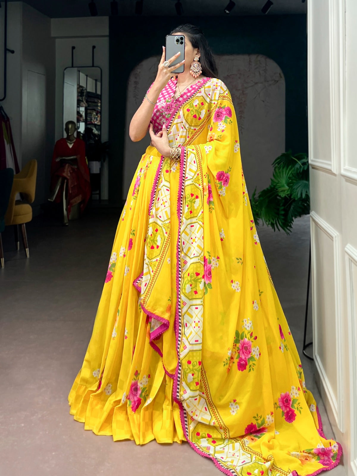 Yellow Pink Floral Georgette Lehanga