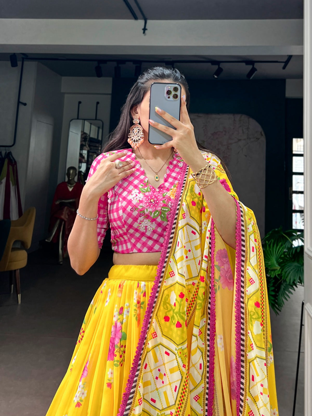 Yellow Pink Floral Georgette Lehanga