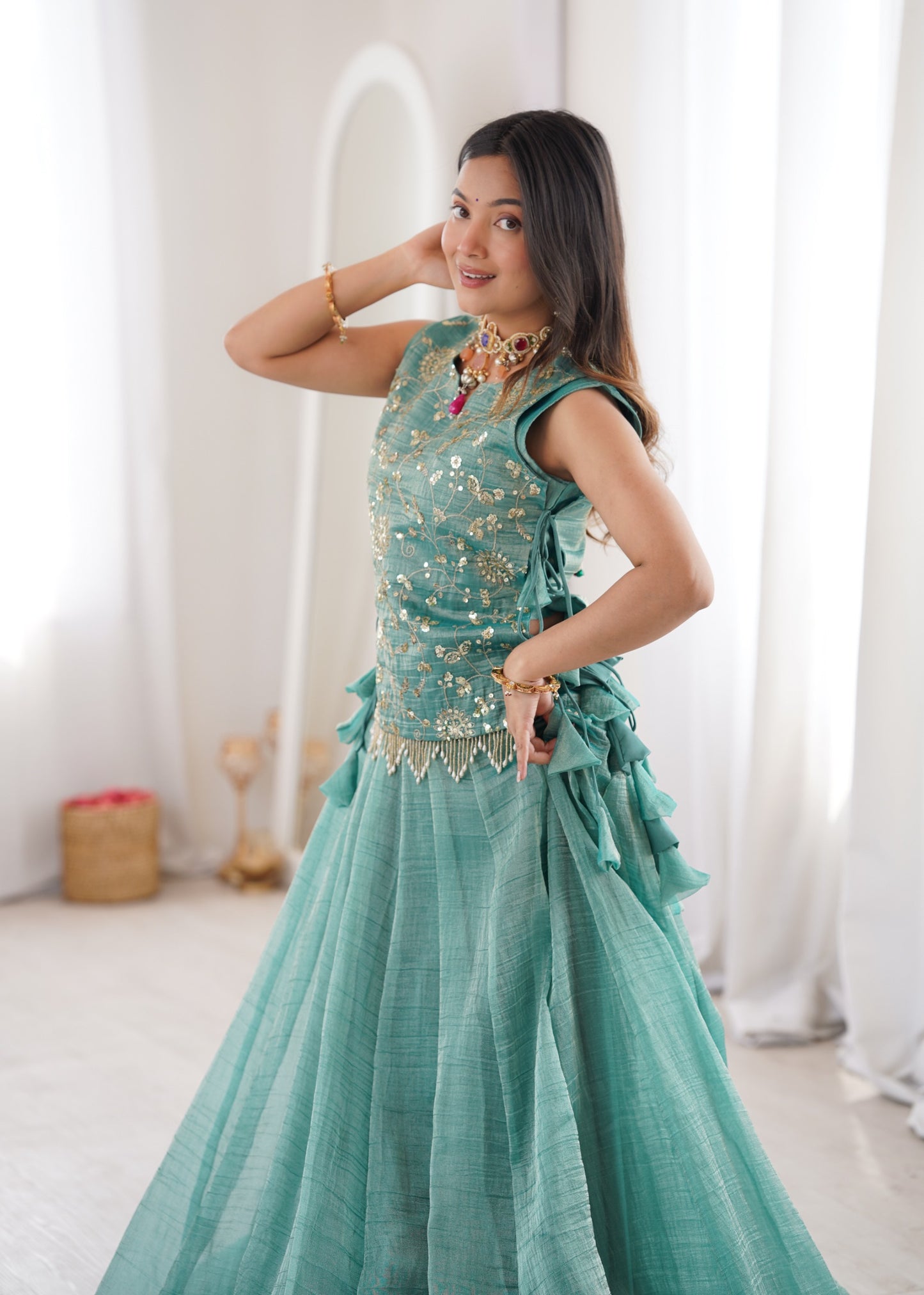 Salsa Crush lehenga paired with an intricately embroidered Koti Jacket