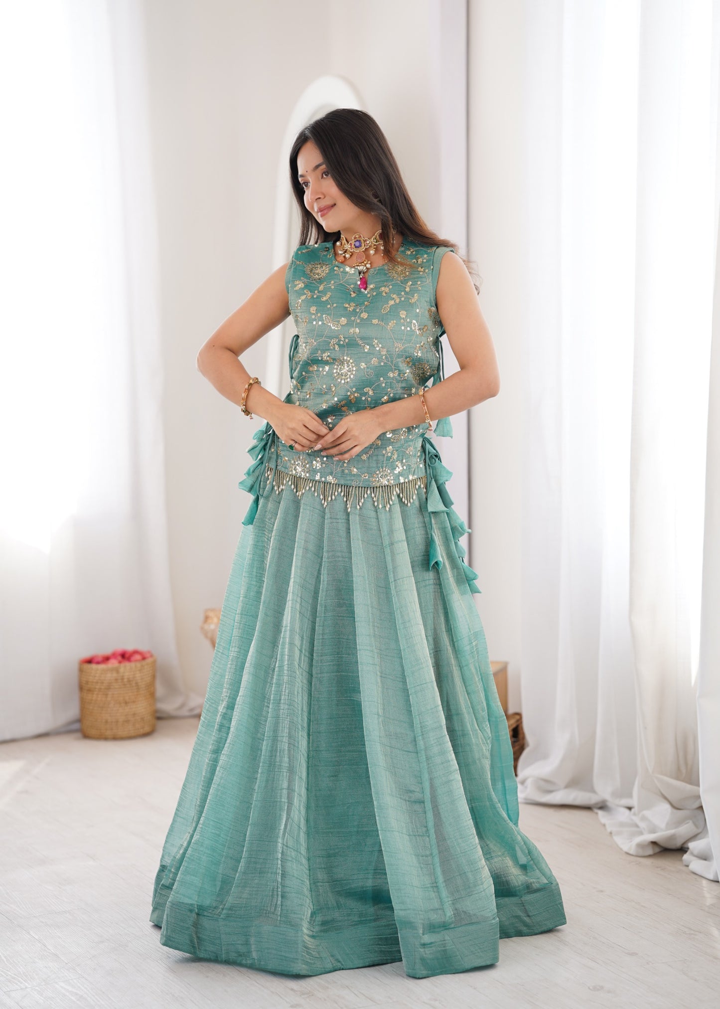 Salsa Crush lehenga paired with an intricately embroidered Koti Jacket