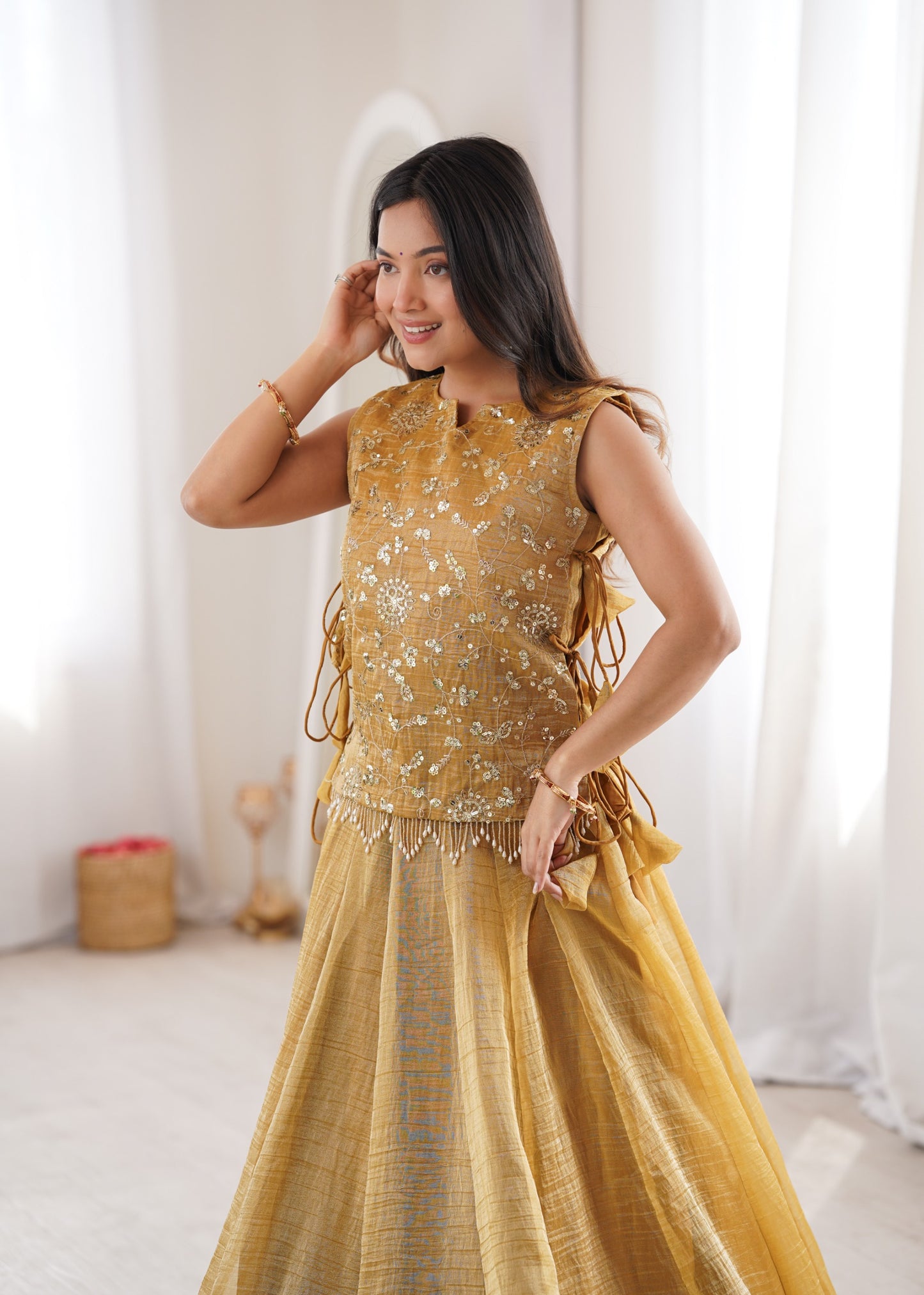 Salsa Crush lehenga paired with an intricately embroidered Koti Jacket