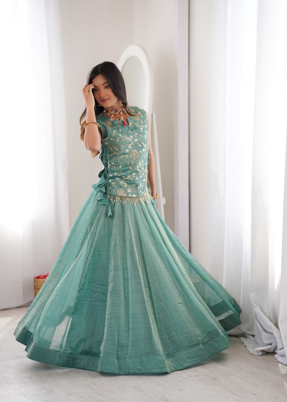 Salsa Crush lehenga paired with an intricately embroidered Koti Jacket