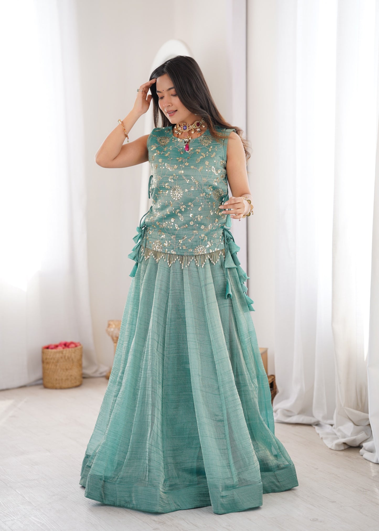 Salsa Crush lehenga paired with an intricately embroidered Koti Jacket
