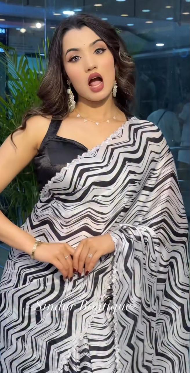Zebra White Black Striped Crepe Silk Diamond Work Saree