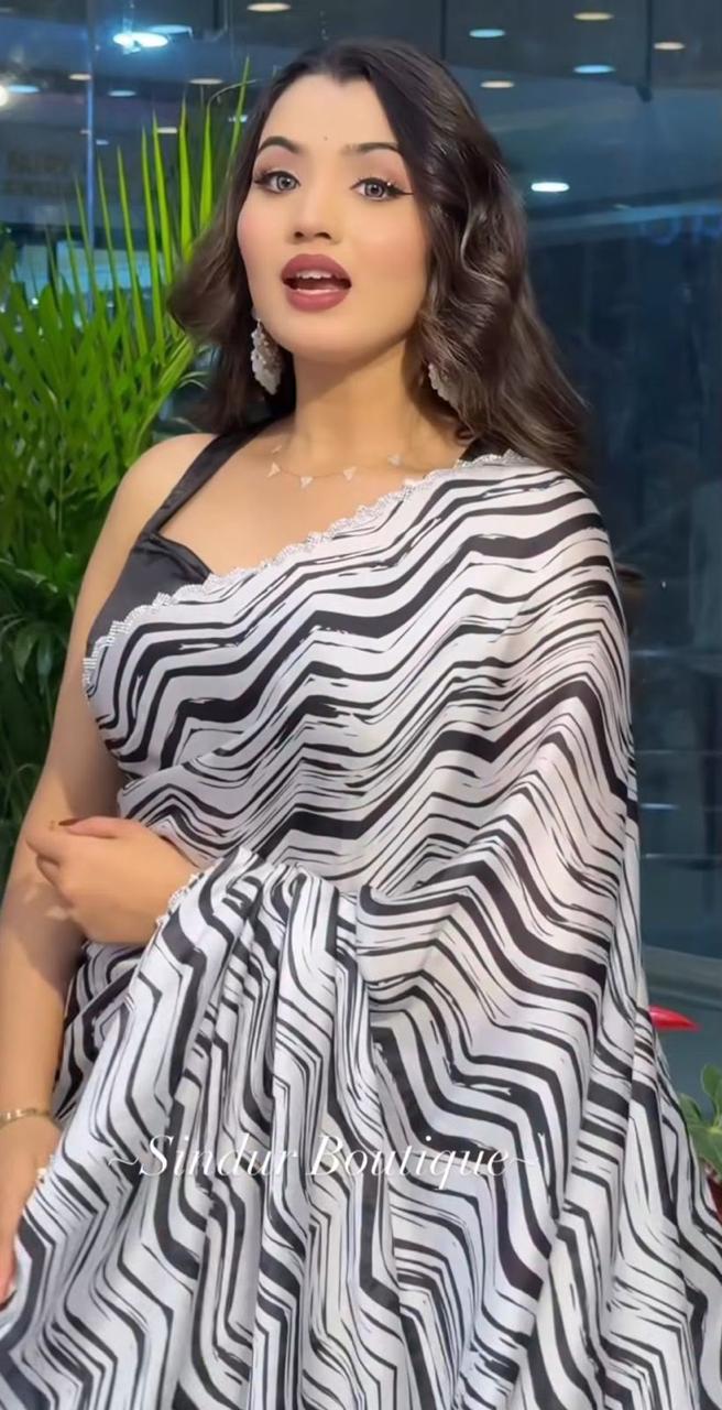 Zebra White Black Striped Crepe Silk Diamond Work Saree
