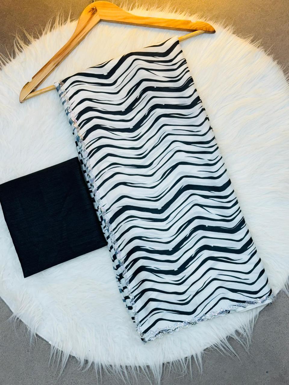 Zebra White Black Striped Crepe Silk Diamond Work Saree