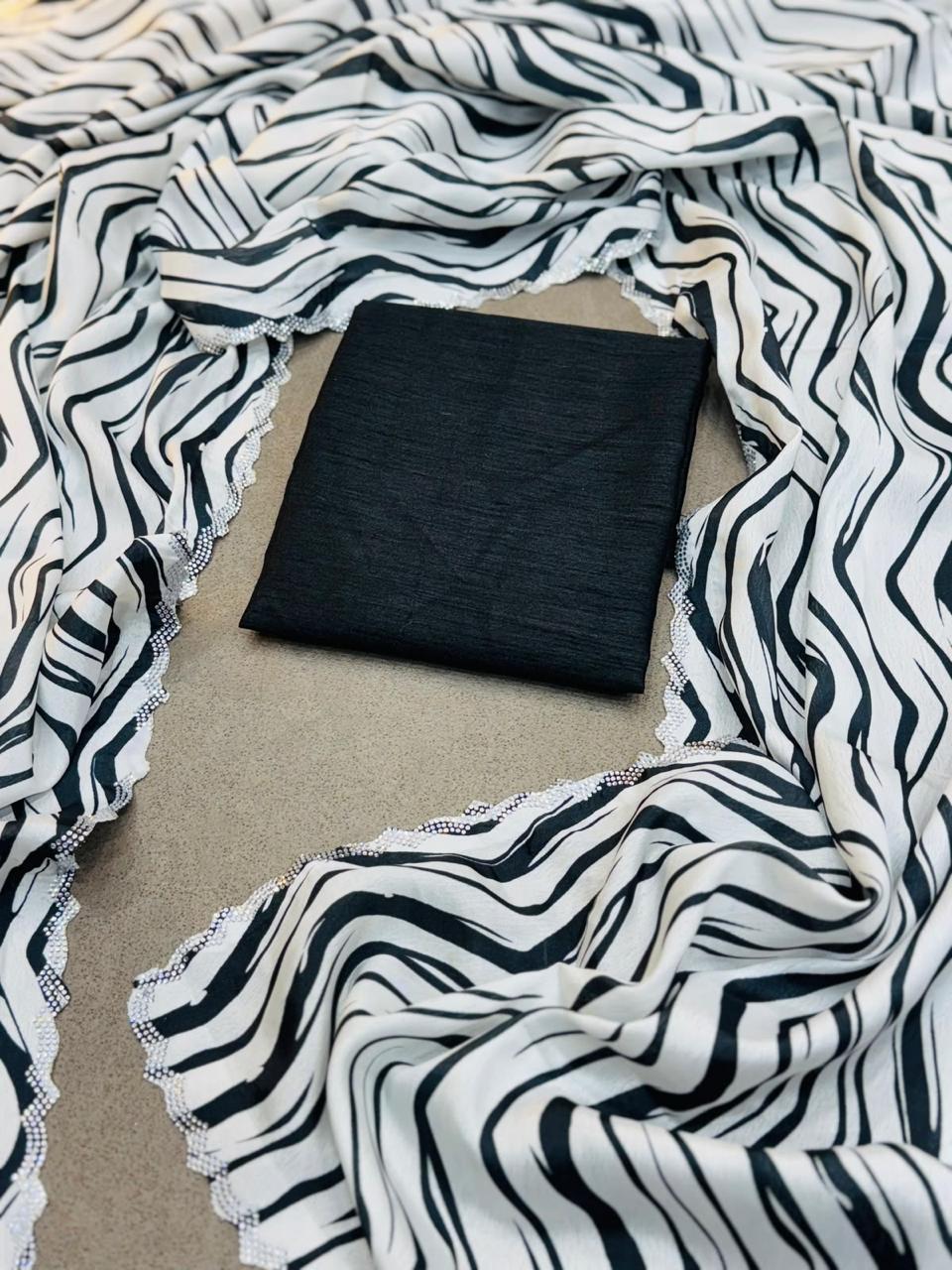 Zebra White Black Striped Crepe Silk Diamond Work Saree