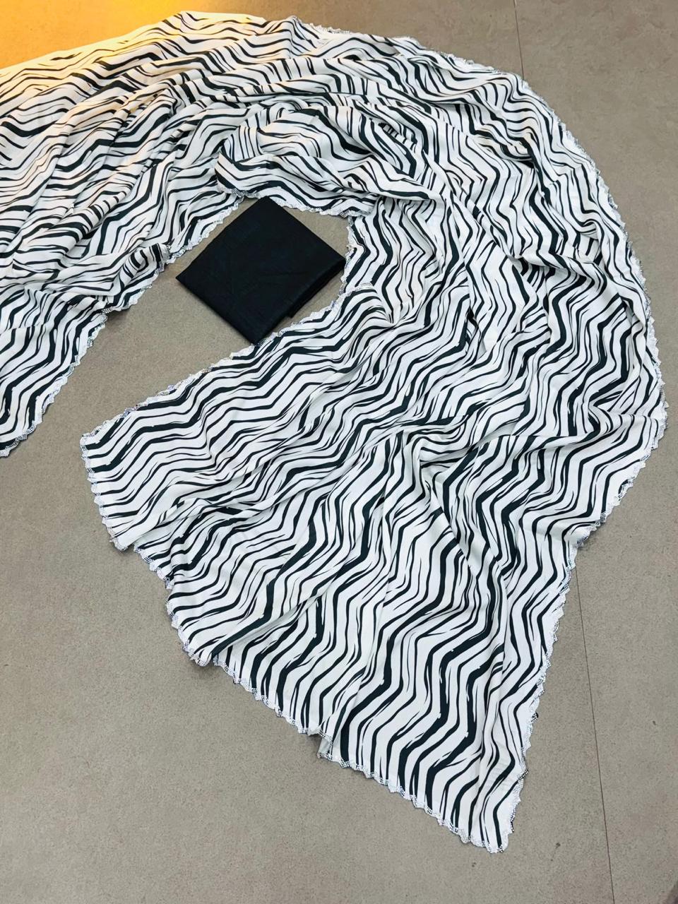 Zebra White Black Striped Crepe Silk Diamond Work Saree
