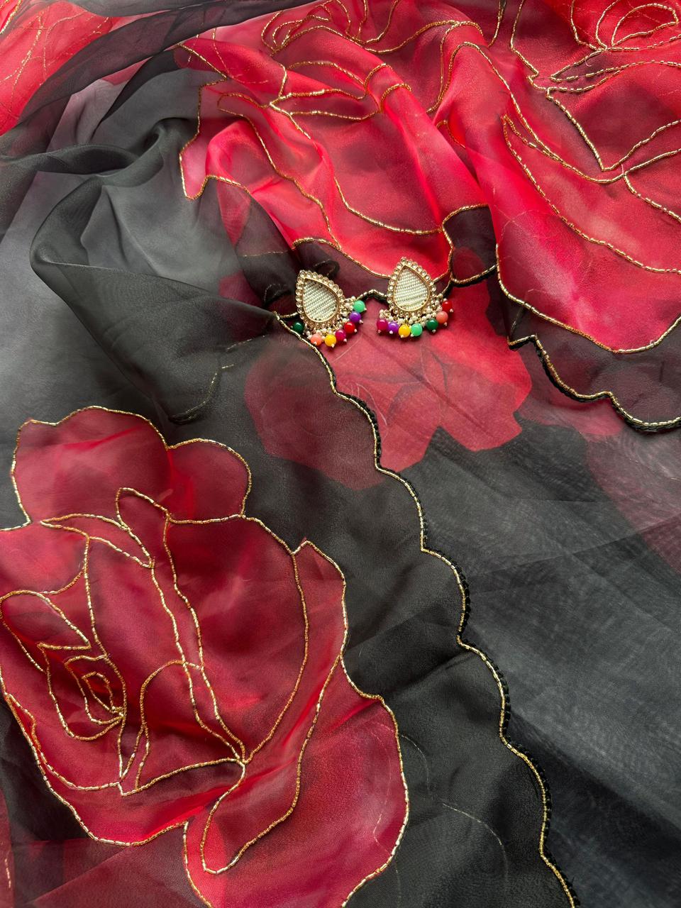 RED BLACK BEAUTIFUL PURE ORGANZA SAREE