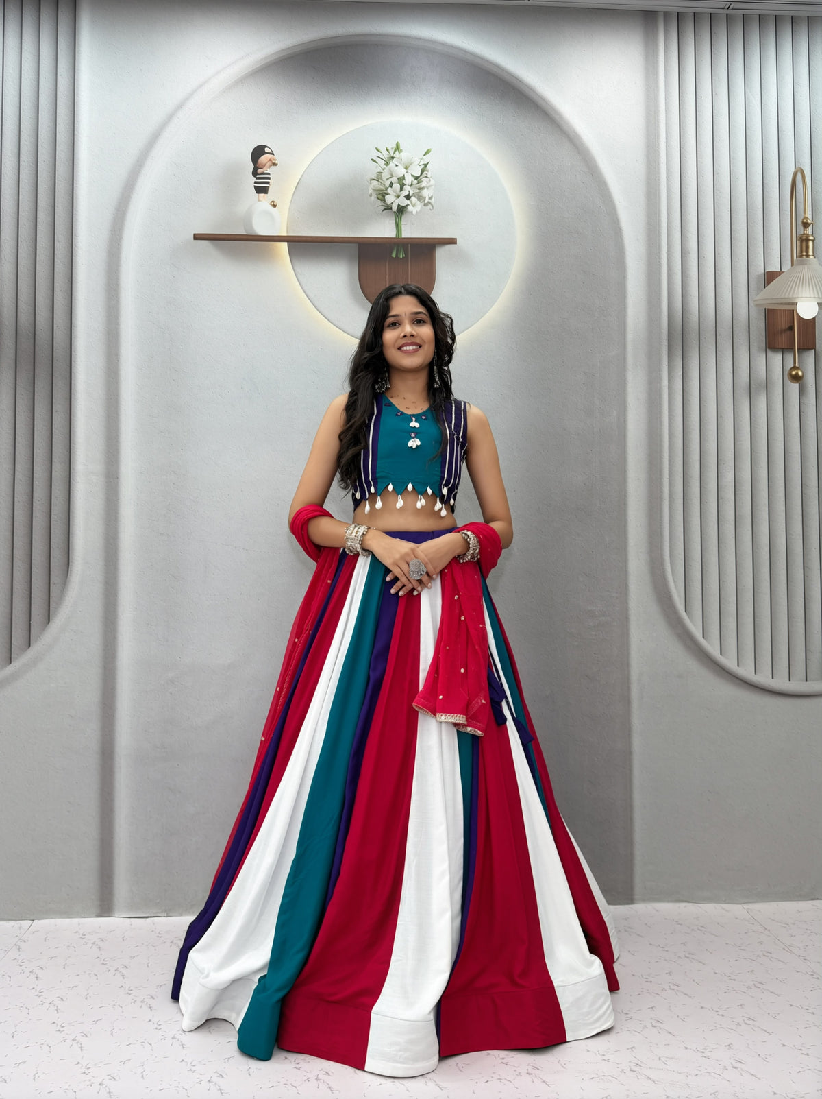 Multi-Color Striped Handwork Cotton Lehenga Choli Set
