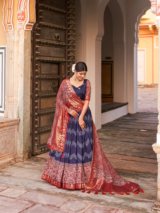 Ajarkh Print Tussar Silk Lehanga