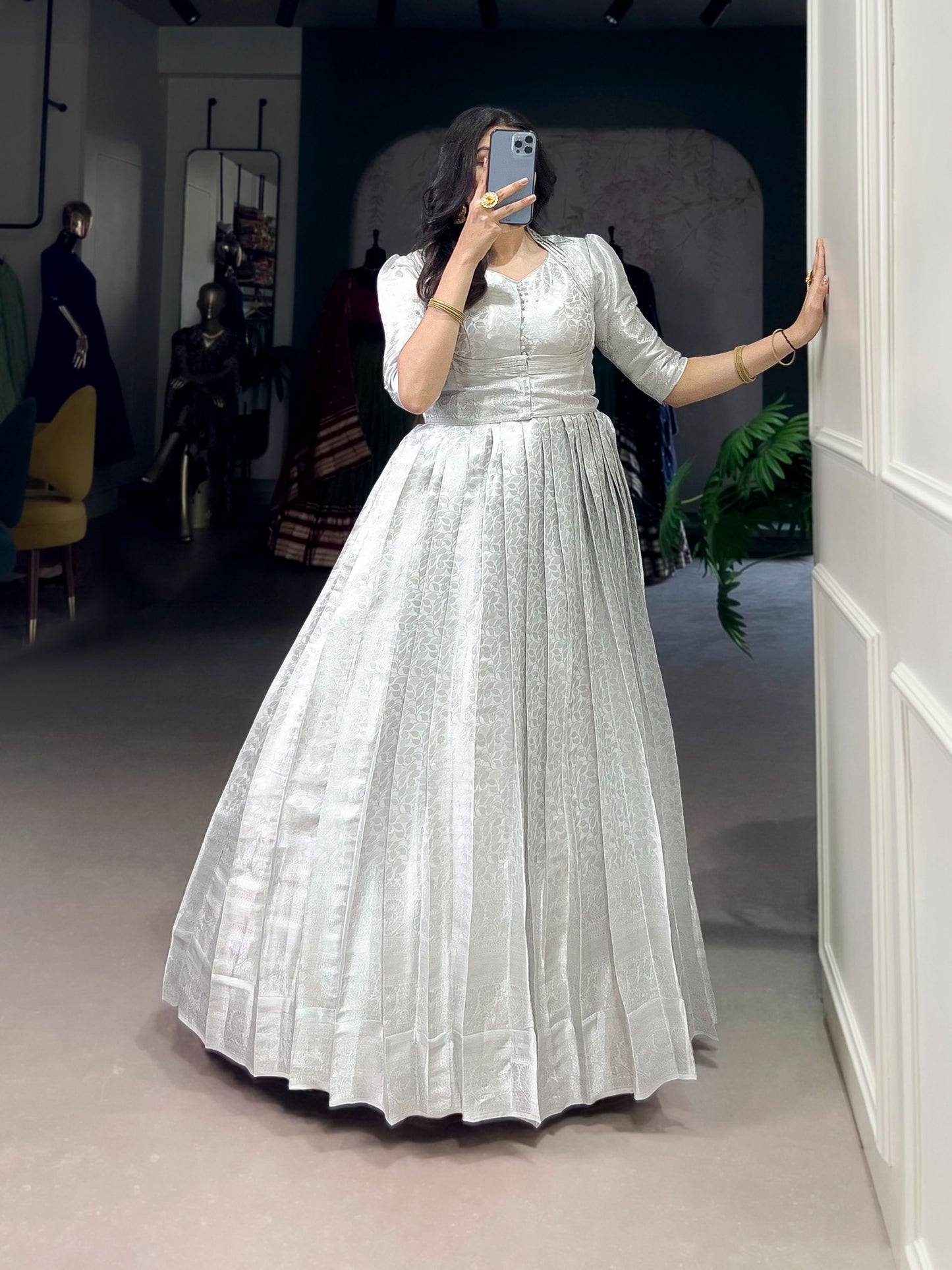 Silver Innings Gown Draped in culture, twirling in style