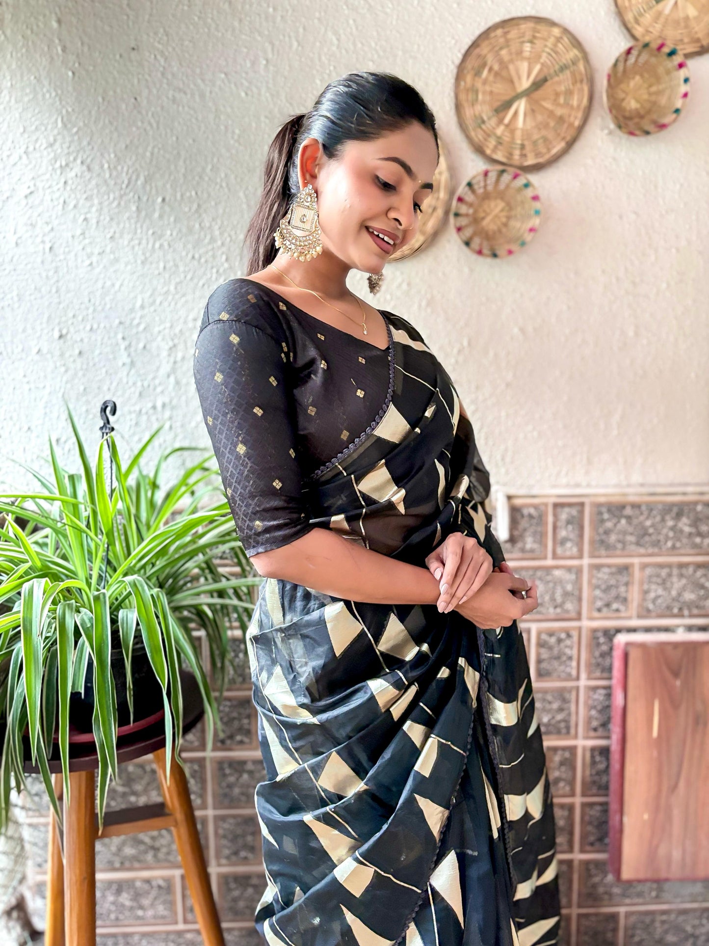 Pure Soft Organza Black Triangle Pattern Saree