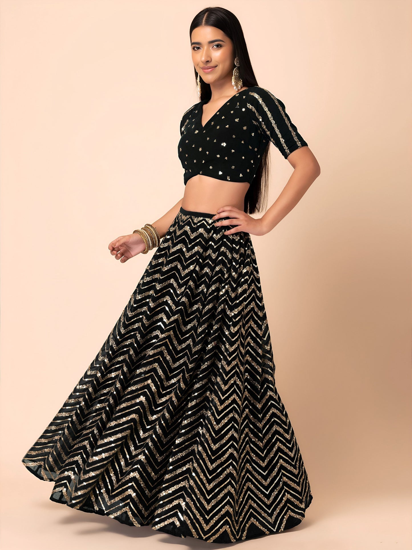 Midnight Black Chevron Sparkle Lehenga