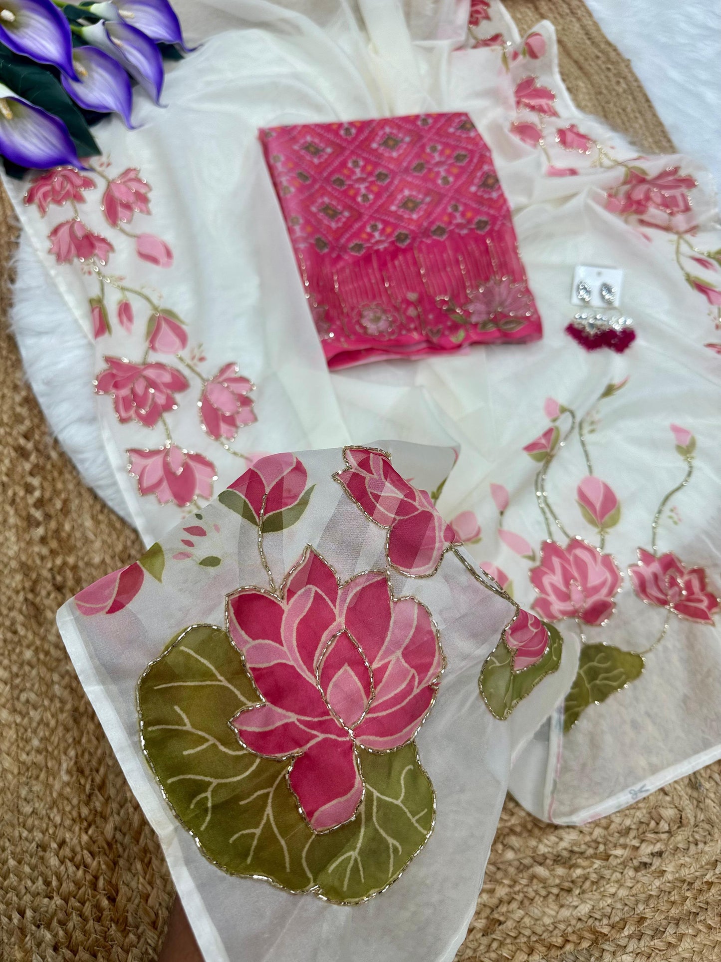 White Floral Pink Tabby Silk HandWork Saree
