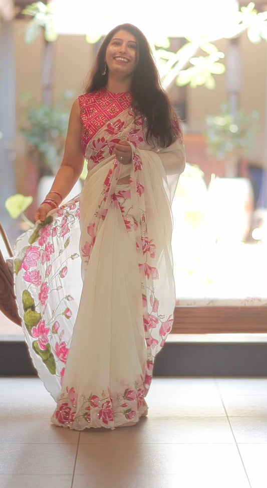 White Floral Pink Tabby Silk HandWork Saree