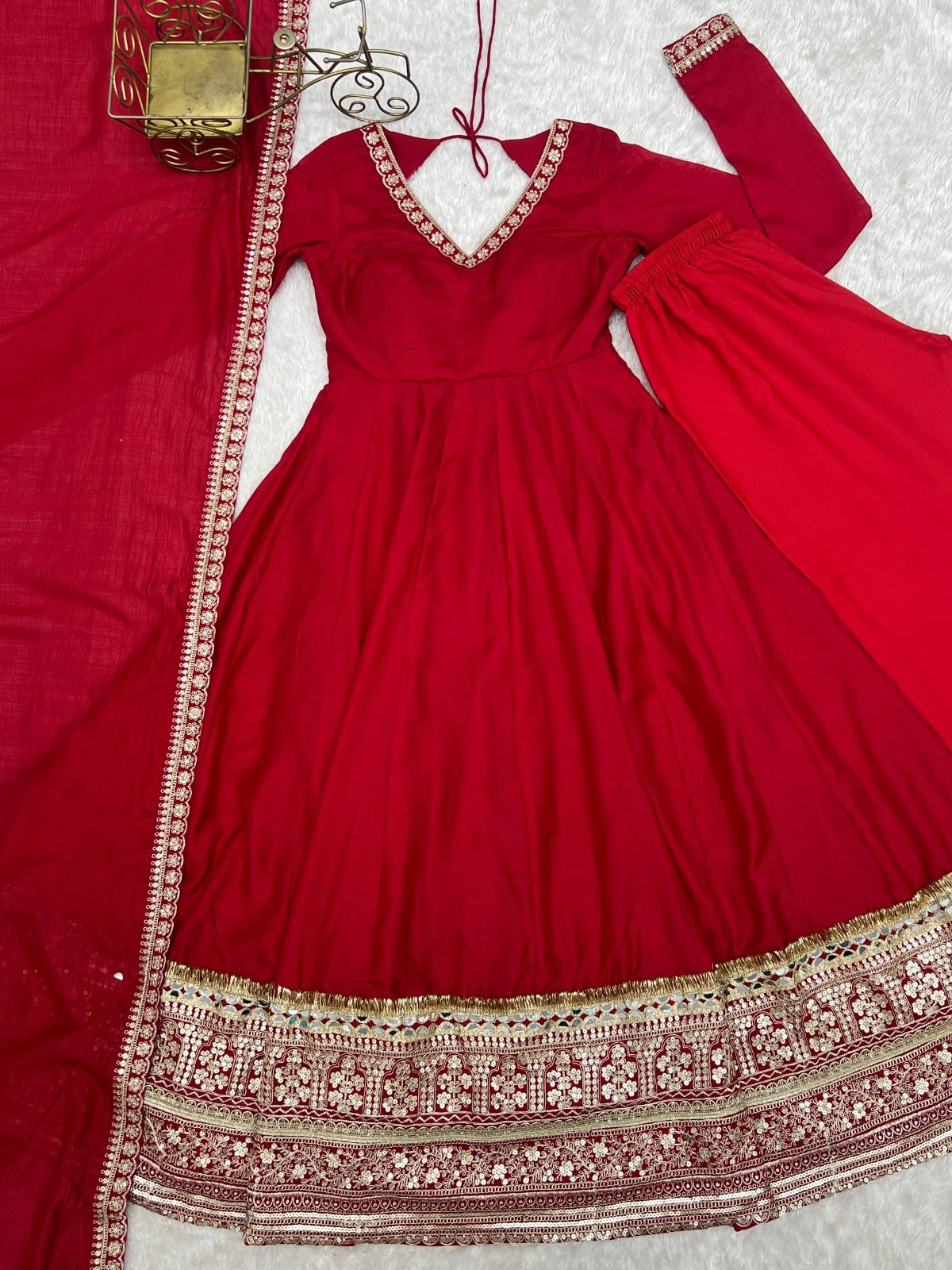 Pure Blooming Vichitra Silk Embroidered Anarkali Gown with Dupatta & Pant Set