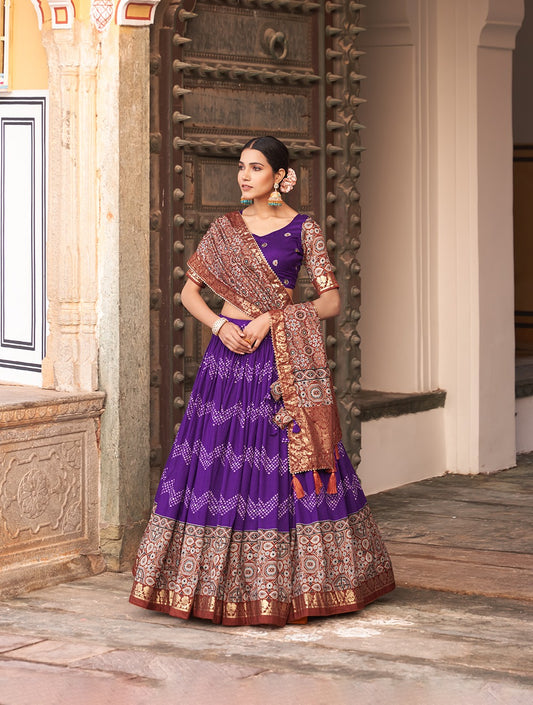 Ajarkh Print Tussar Silk Lehanga