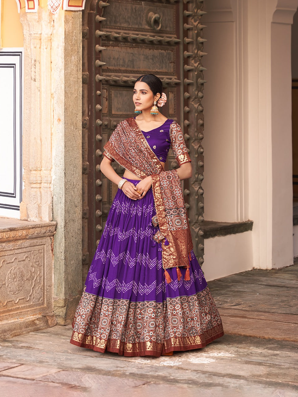 Ajarkh Print Tussar Silk Lehanga