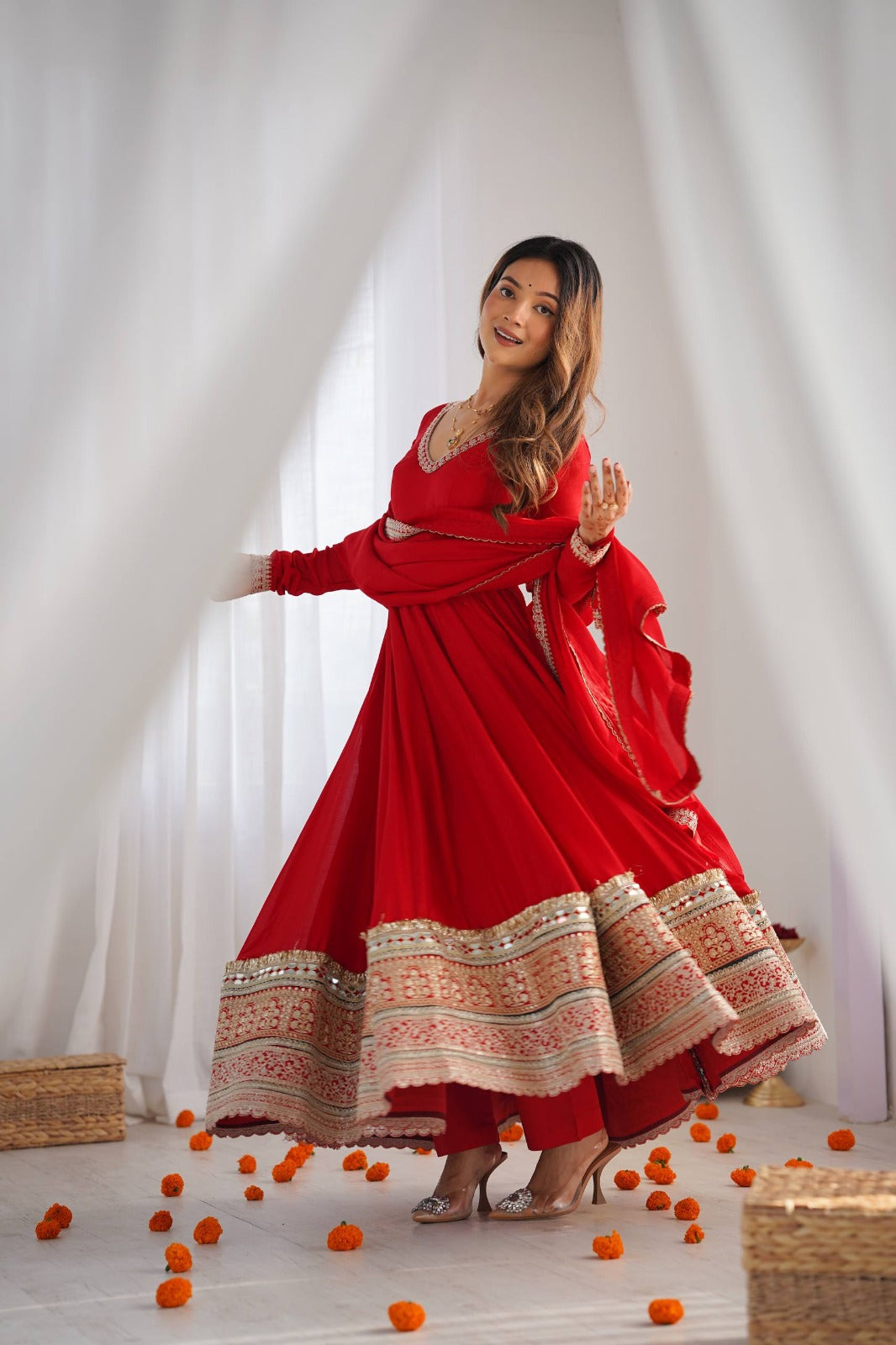 Pure Blooming Vichitra Silk Embroidered Anarkali Gown with Dupatta & Pant Set