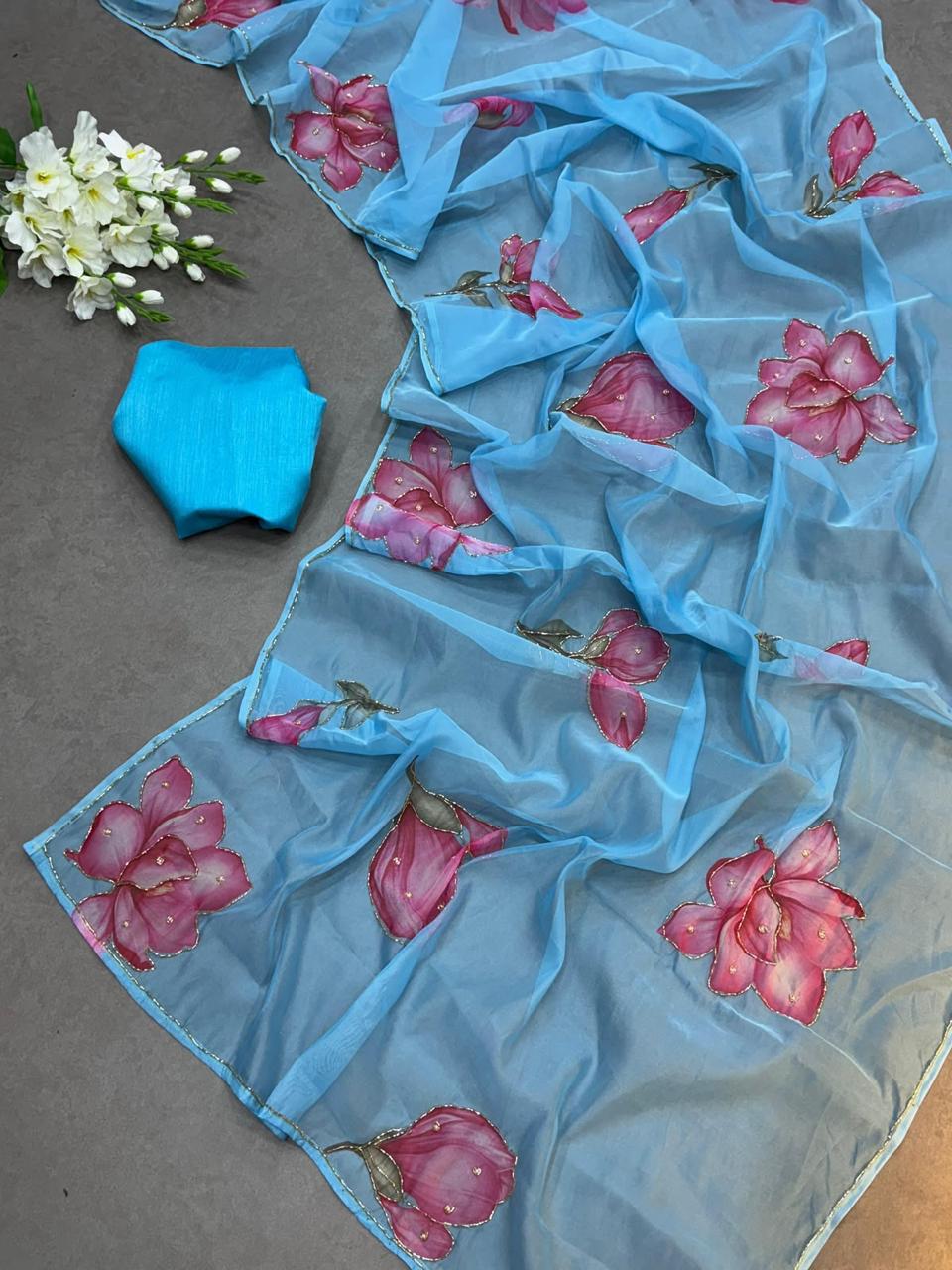 Graceful Handworked Floral Organza Saree