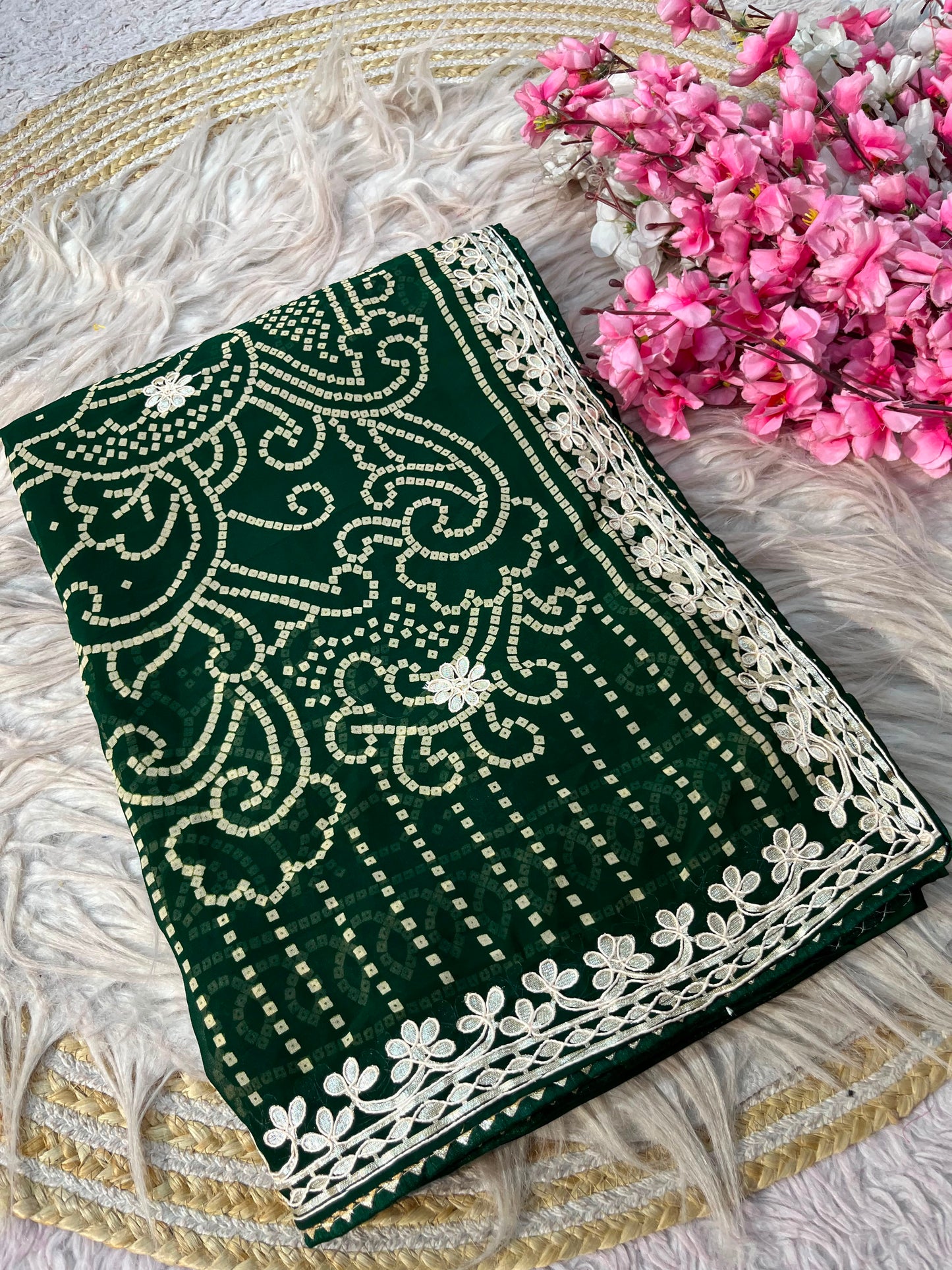 Jaipuri Gotta Patti Bottle Green Saree
