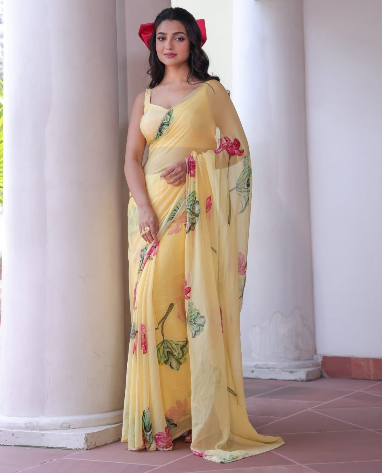 CELEBRITY STYLE PASTEL YELLOW SOFT TABBY ORGANZA FESTIVE SAREE