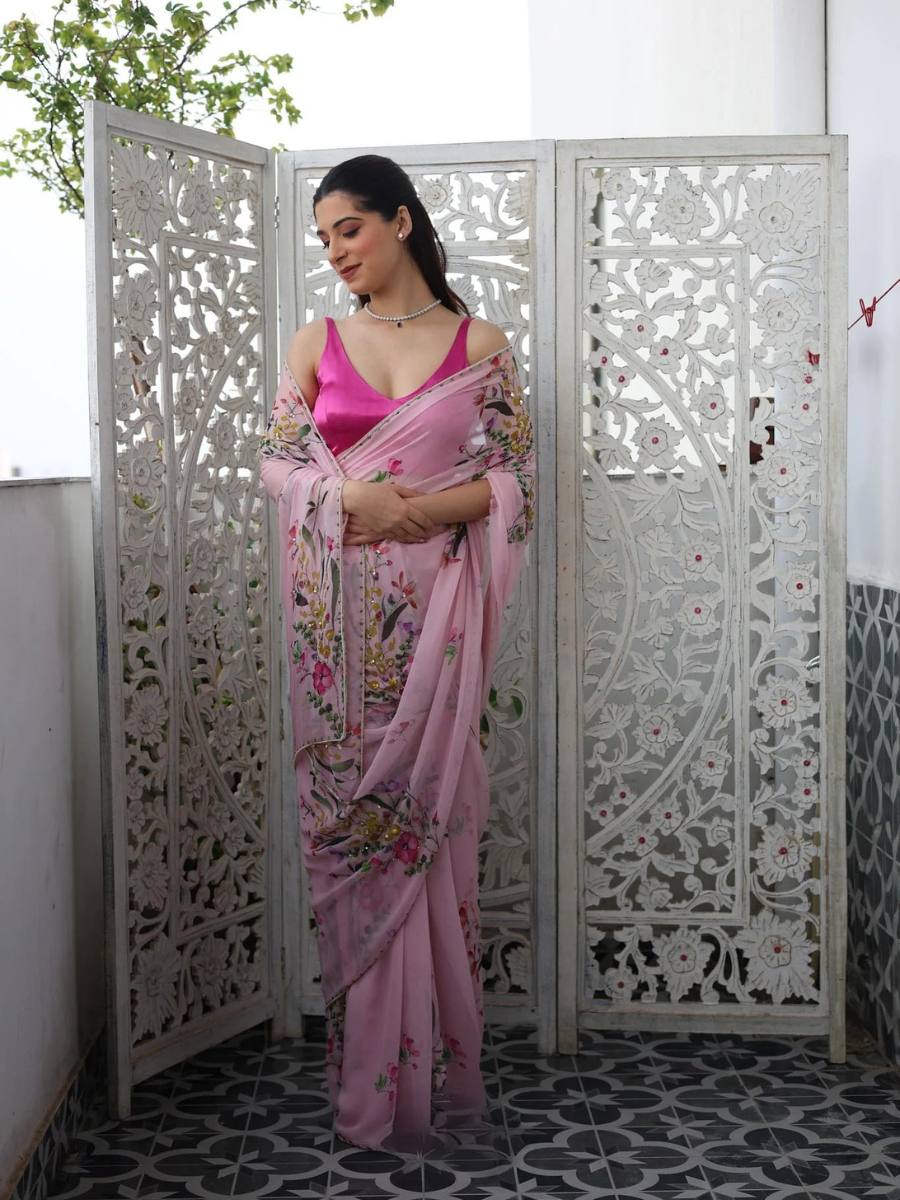 RICH CELEBRITY STYLE HANDWORK FLORAL ORGANZA SAREE