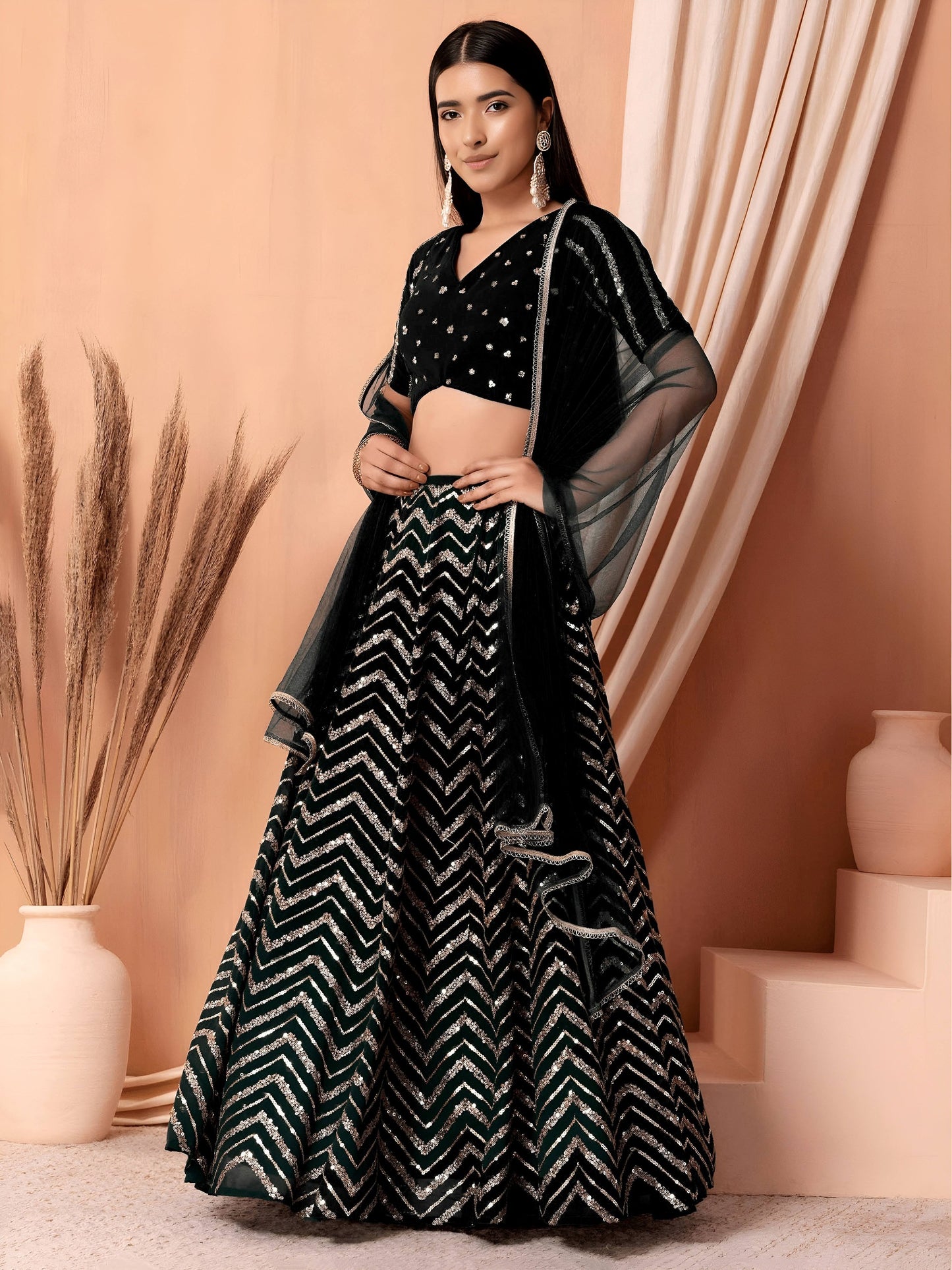 Midnight Black Chevron Sparkle Lehenga