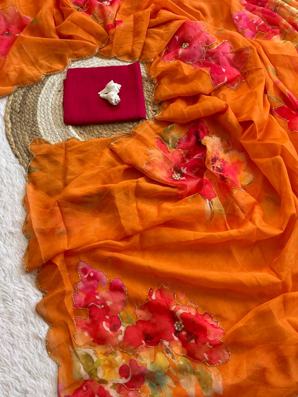 FLORAL HANDWORK ROSE SOFT ORGANZA SAREE