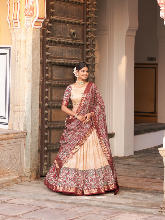 Ajarkh Print Tussar Silk Lehanga