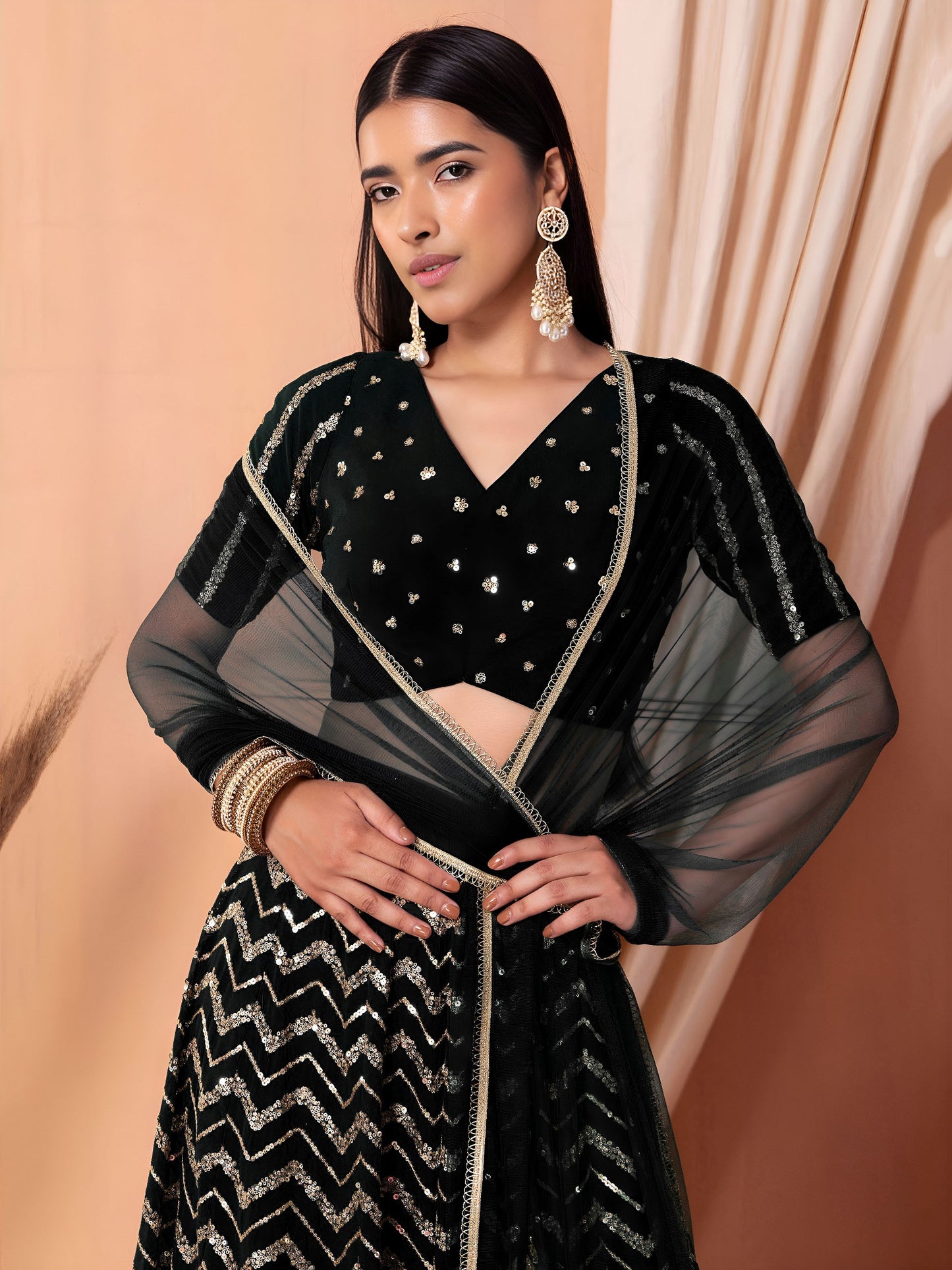 Midnight Black Chevron Sparkle Lehenga