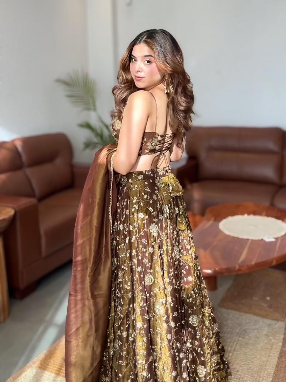 Dark Gold Elegant Bling Sequins Lehanga