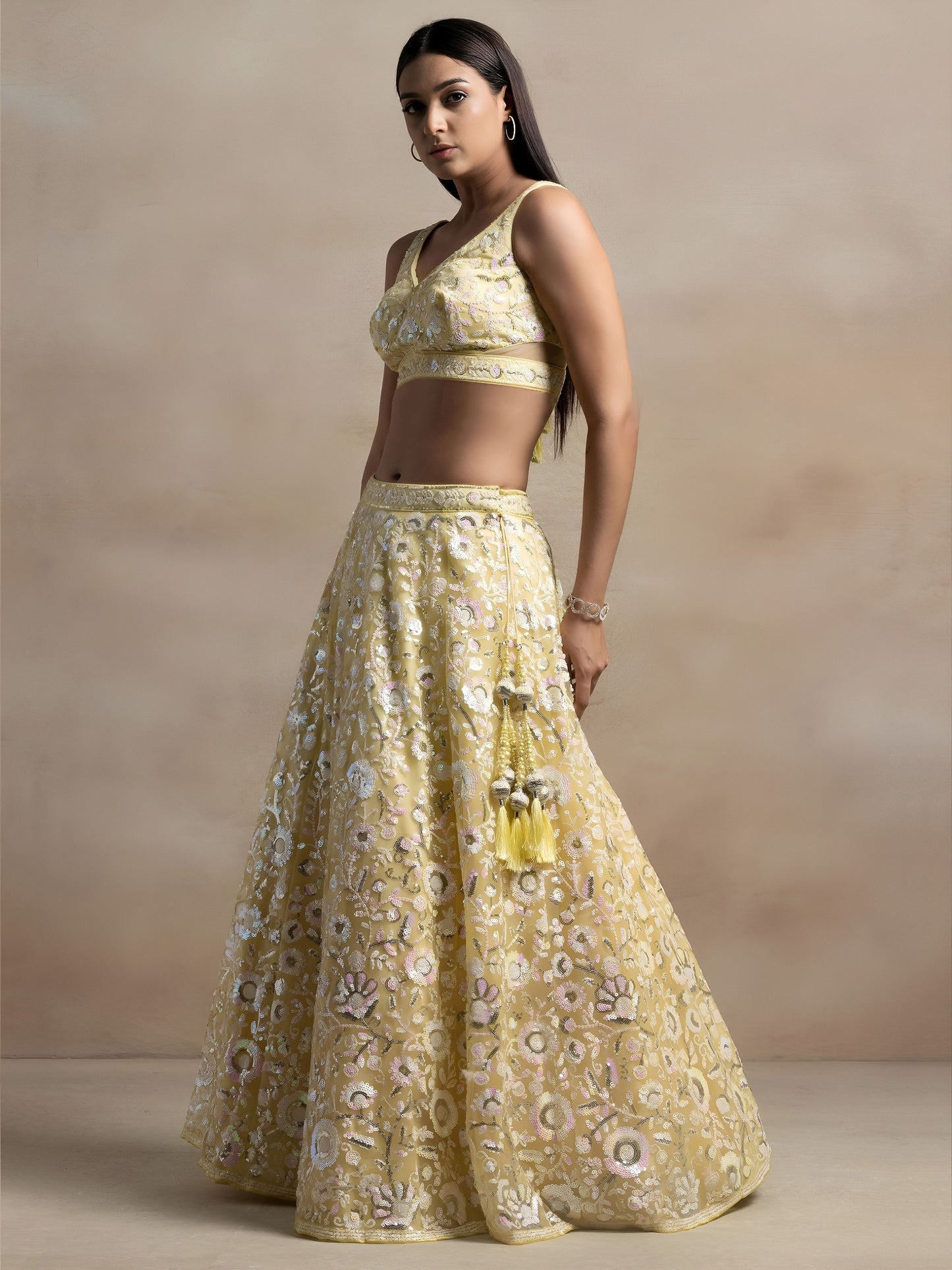 Pastel Yellow Floral Sequins Embroidered Lehenga Choli