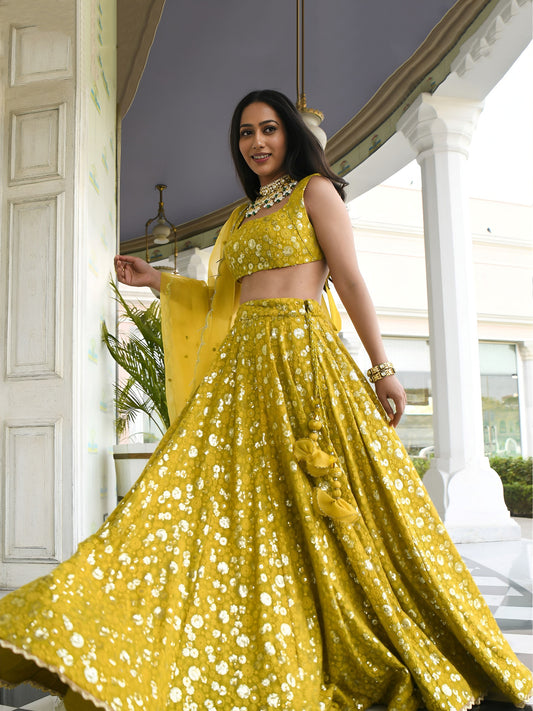 Olive Gold Floral Sparkle Lehenga