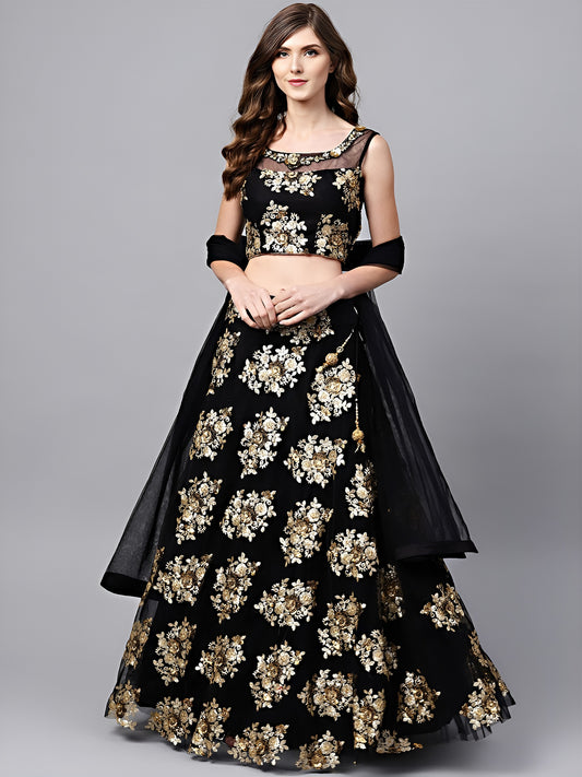 Midnight Black Floral Sequin Lehenga Choli