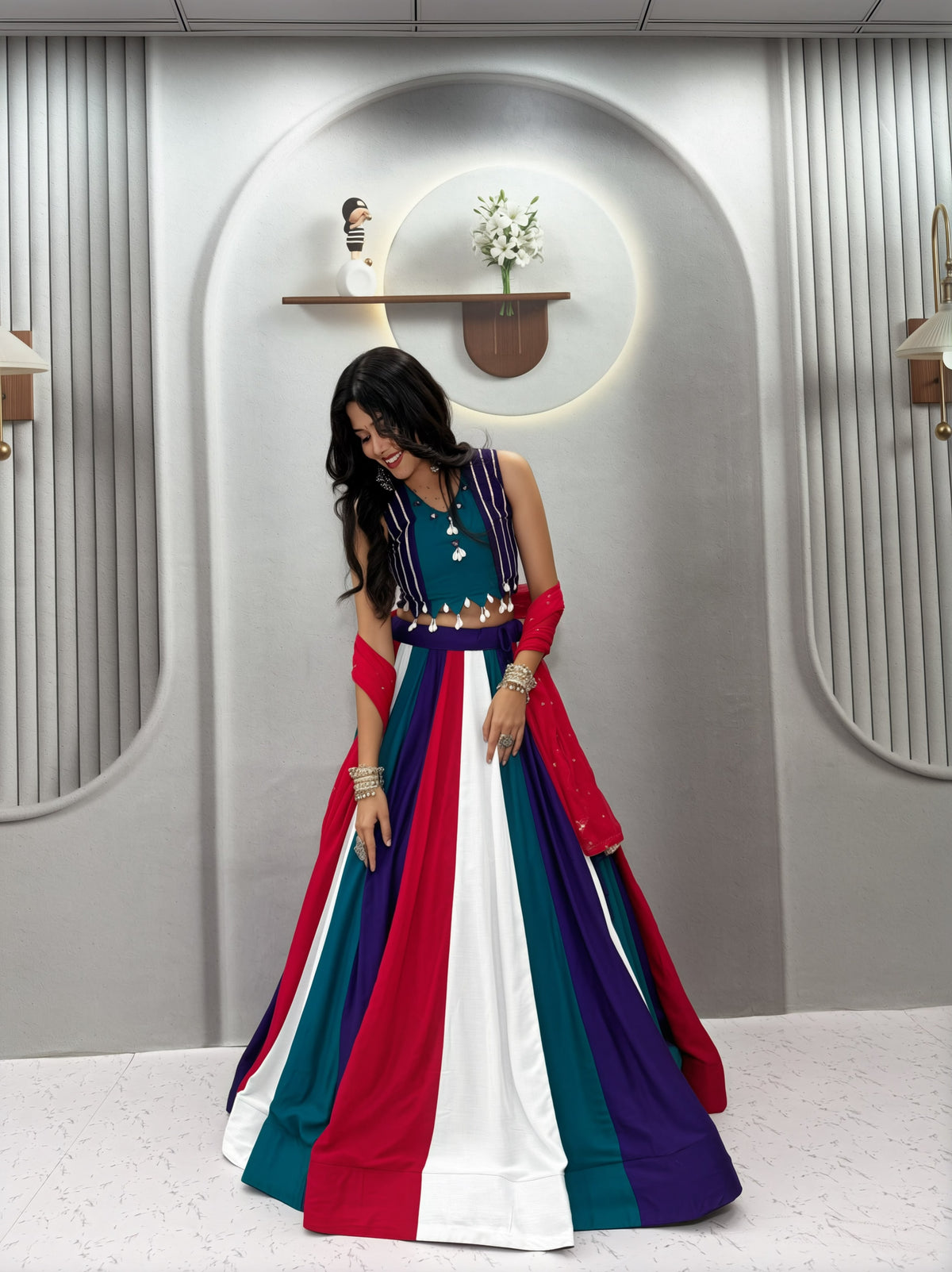Multi-Color Striped Handwork Cotton Lehenga Choli Set