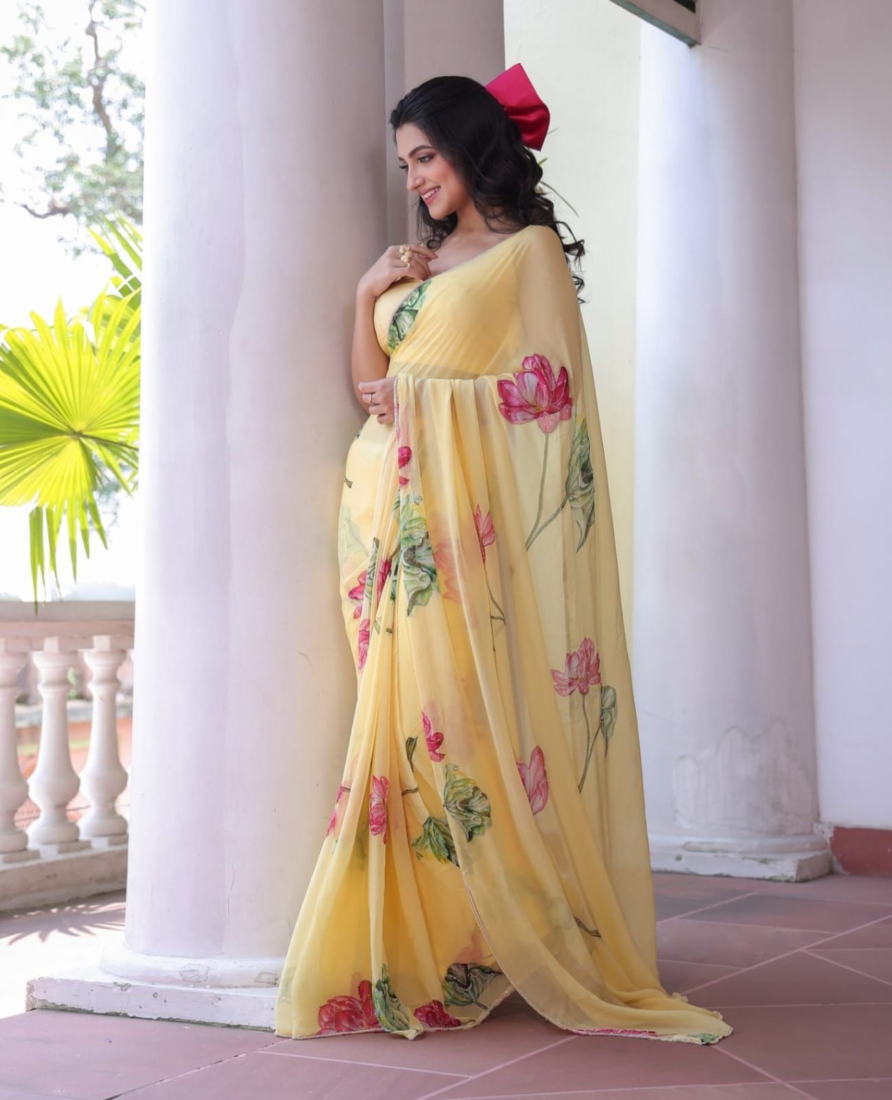CELEBRITY STYLE PASTEL YELLOW SOFT TABBY ORGANZA FESTIVE SAREE
