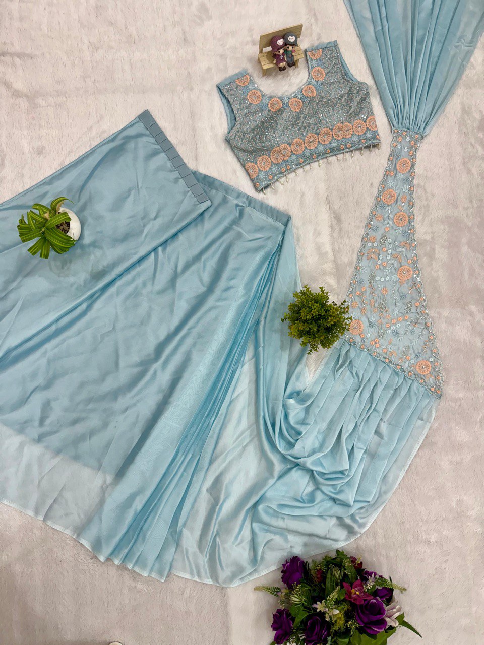 Effortless PreDraped Ready to Wear Steel Grey Blue Shade Rangoli Silk Saree