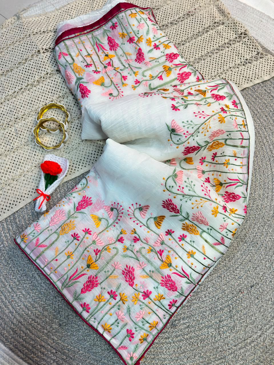 Raise & Elevate Your Festival Looks - Beautiful White Embroidered Work Saree