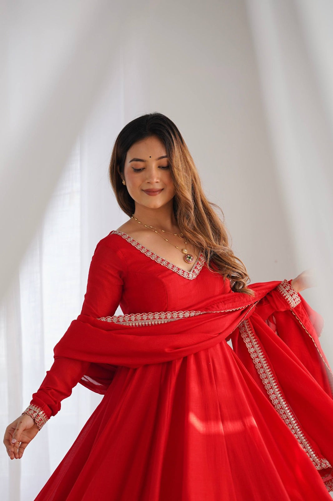 Pure Blooming Vichitra Silk Embroidered Anarkali Gown with Dupatta & Pant Set