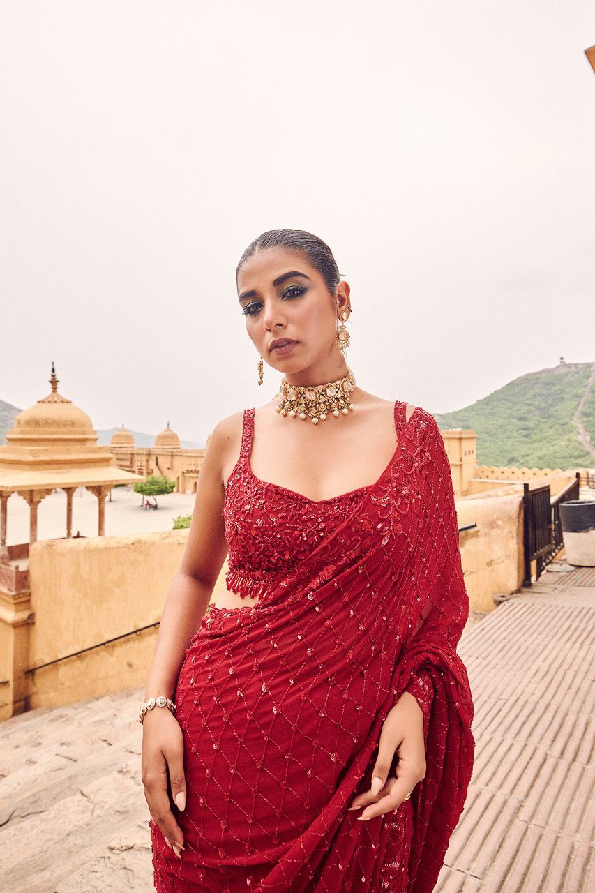 Red Hot Bling Bollywood BlockBuster Sequins Party Saree