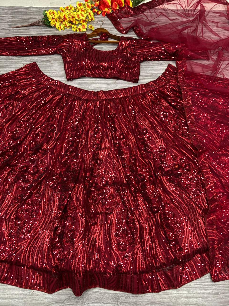 Glittering Red Bling Premium Net Lehanga