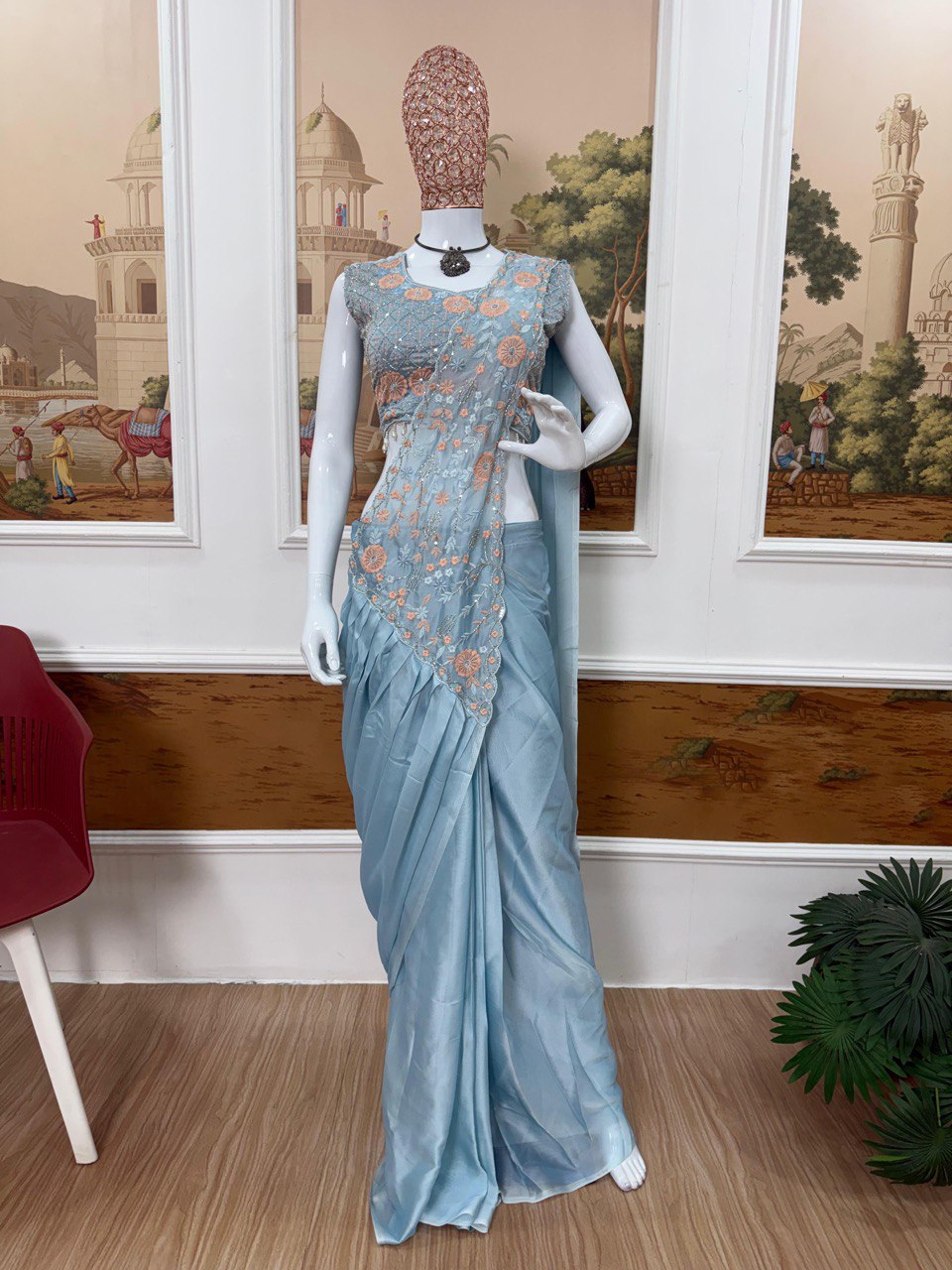 Effortless PreDraped Ready to Wear Steel Grey Blue Shade Rangoli Silk Saree