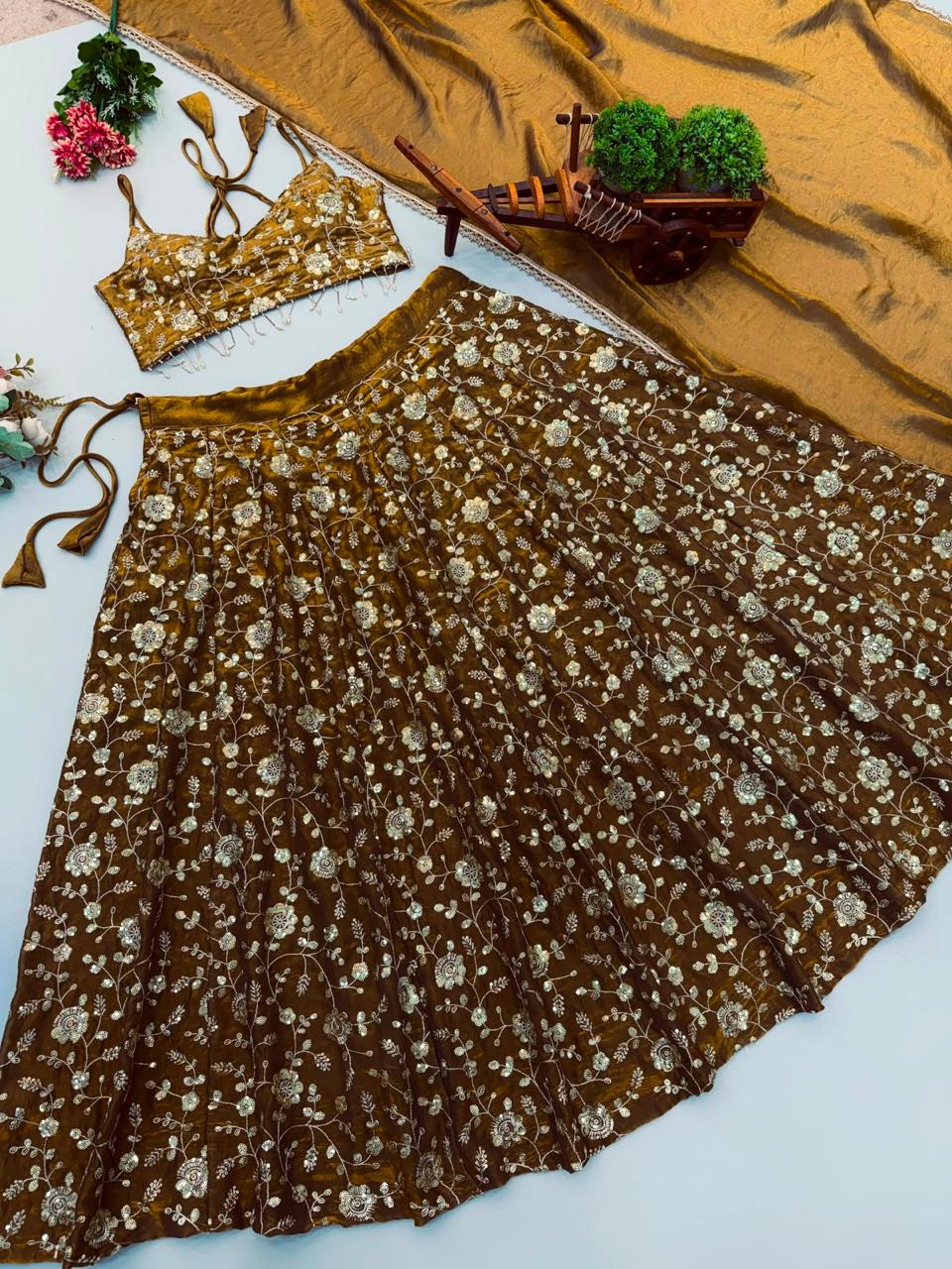 Dark Gold Elegant Bling Sequins Lehanga