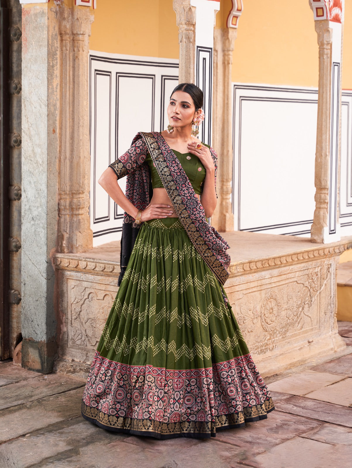 Ajarkh Print Tussar Silk Lehanga
